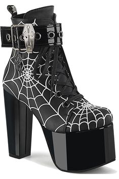 Demonia TORMENT 51 Black Vegan Leather Spiderweb Boots.Stunning high-heeled platform boots with a killer all-over Spiderweb design and hanging spider pendant. The addition of a coffin buckle on the ankle strap spooks up these sultry shoes even more! The vegan faux leather finish is stylish and cruelty free. Material: Vegan Faux Leather. Heel: 5.5"/14cm. Calf Circumference: 9.6"/24.4cm. Shaft Height: 5.4"/13.7cm. Closure: Inside Side Zipper. Brand: Demonia. Size options in this listing are for Wo Goth Platforms, Demonia Boots, Goth Boots, Gothic Boots, Demonia Shoes