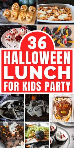 a collage of halloween lunches and desserts with text overlay that reads 38 halloween lunch for kids party