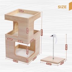 the wooden stand is labeled with measurements for each item