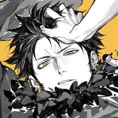 an anime character with yellow eyes and black hair, holding his hands on his head