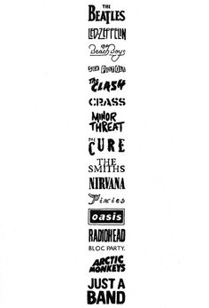 the beatles band logo is shown in black and white, as well as other words