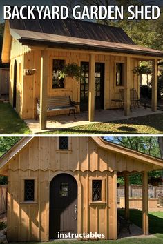 the backyard garden shed is made from wood and has an attached porch, covered in black shin