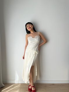 Vintage liquid silk lace satin backless white slip long maxi camisole dress, you can wear it as a summer silk slip dress or night party dress. era: 1990, 2000, Y2K material:100% pure silk Size: around S, Model wears size S, 36 Full length 125cm pit to pit: 39cm waist: 35cm condition: very good condition Please keep in mind that this is vintage second hand piece. It may have small marks and/or snags and sign of wear throughout. Please purchase willing to accept all signs of wear. NOTE For shop up Summer Silk Slip Dress With Lace Trim, Silk Sleeveless Slip Dress With Delicate Lace, Summer Satin Nightgown For Wedding Night, Summer Lace Slip Dress For Loungewear, Spring Silk Slip Dress With Delicate Lace, Spring Lace Nightgown With Spaghetti Straps, Delicate Lace Slip Dress For Summer Loungewear, Maxi Length Nightgown For Wedding Night In Summer, Silk Slip Dress With Lace Trim For Loungewear