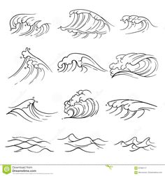 set of hand drawn waves in the sea or ocean, black and white line art