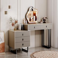 a dresser with a mirror, vase and other items on it next to a rug