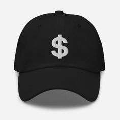 a black hat with a dollar sign embroidered on it