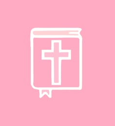 a pink background with a white outline of a book and a cross on the cover