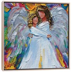 an angel painting with white wings and blue dress