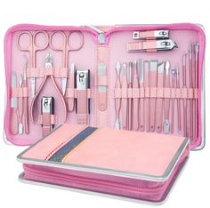 Manicure Pedicure Kit Nail Set Clipper Grooming Cuticle Professional Tool Clean The Professional Manicure and Pedicure Set is a comprehensive 26-piece nail care kit designed specifically for women. This set includes a wide range of tools for nail care, facial care, and foot care, making it the perfect all-in-one solution for your self-care needs. With this kit, you can enjoy the happiness of a professional manicure and pedicure in the comfort of your own home. The nail care tools in this set are made of high-quality stainless steel, ensuring durability and long-lasting performance. The ultra-sharp blades with curved edges provide precision trimming for both fingernails and toenails. The non-slip handle design of the nail clippers offers a comfortable grip, making it easy to use these tools Diagonal Nails, Nail Care Kit, Fingernail Clippers, Pedicure Colors, Professional Manicure, Pink Manicure, Pedicure Manicure, Foot Spa