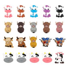 a bunch of cartoon cows with different colors