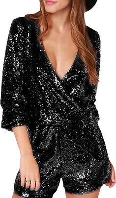 Amazon.com: SEMATOMALA Women's Sequin Party Clubwear Romper Shiny Wrap V Neck Shorts Jumpsuit Deep V Neck Long Sleeve Disco Dance Outfits BL-S Black : Clothing, Shoes & Jewelry Sparkly Romper, Sequin Rompers, Sequin Jumpsuit, Black Romper, Sleeved Romper, Long Sleeve Romper, Spring Outfits Casual, Casual Summer Outfits, Black Jumpsuit