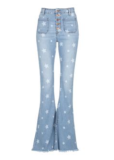 Flare out your look and your attitude with this rad star print flare jean! With a high rise and dramatic flare, these stretch bell bottoms make your legs look a mile long with retro-inspired style that feels cool and modern! An all over star print as well as a frayed hem rounds up the `70s swagger of these denim jeans. Authenticity to vintage-inspired bell bottom jeans cast in a time-worn light-blue wash. Flirty flare features a slender fit through hip and thigh with a dramatic flared leg. Butto Circus Oc, 70s Pants, Shaggy Jacket, Tartan Mini Skirt, Pretty Clothing, Leopard Print Jumpsuit, Velvet Flare Pants, Wild Kratts, Rock Vintage