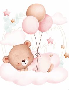 a brown teddy bear laying on top of a cloud with pink and white balloons in the shape of stars