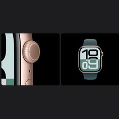 an apple watch with the time displayed on it's face and side by side