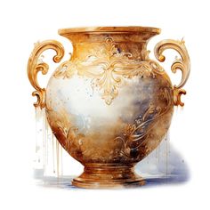 an artistic painting of a vase with gold decoration on the top and bottom, against a white background