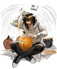 an anime character sitting on the ground holding a pumpkin