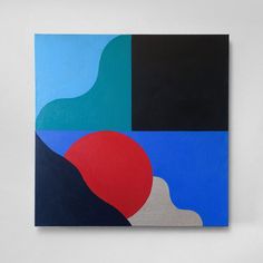 an abstract painting with blue, black, and red colors on the bottom half of it