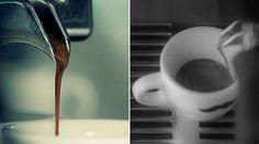 coffee being poured into a cup from a faucet and then in a sink