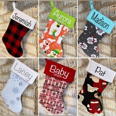 six christmas stockings with names on them hanging from a brick wall in four different colors