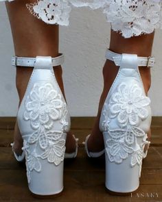 Lasaky - Lace Floral Pattern Ankle Strap Chunky Heels Wedding Guest Shoes Chunky Heels Wedding, Wedding Guest Heels, Bridesmaid Dresses Boho, Ankle Strap Chunky Heels, Rough Heels, White Wedding Shoes, Boho Wedding Dress Lace, Leather Wedding, Bridal Sandals