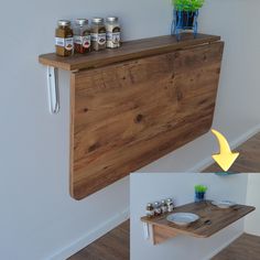 the shelf above the counter is made out of wood