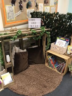 the children's room is decorated with books and stuffed animals, including an animal bed