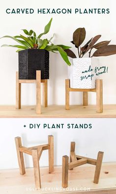 two wooden planters sitting on top of a shelf next to each other with plants in them