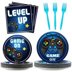 a game on party pack with fork, napkins and placemats for video games