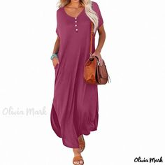 Olivia Mark - Fashionable Loose-Fit Short Sleeve Maxi Dress with Side Slits Maxi Dress Summer Beach, Party Maxi Dresses, Short Sleeve Maxi Dress, Long Sundress, Elegant Party Dresses, Short Sleeve Maxi Dresses, Beach Maxi Dress, Long Dress Casual, Summer Party Dress