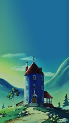 a painting of a blue house on a hill