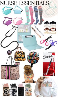 a collage of various items that include purses, hair clips, scissors and more