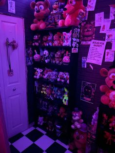 there are many stuffed animals on the shelves in this room, including teddy bears and other toys