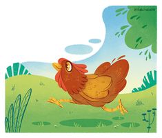 an illustration of a chicken running in the grass