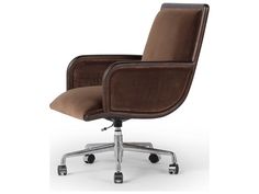 an office chair with wheels and a brown upholstered seat