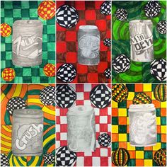 four different images of cans and checkered background