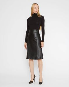 Church Outfit Ideas, Midi Skirt Black, Church Outfit, Leather Midi Skirt, Perfect Pant, Black Vegan, Church Outfits, Black Midi Skirt, A Skirt