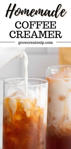 homemade coffee ice creamer is being poured into a glass with ice and caramel