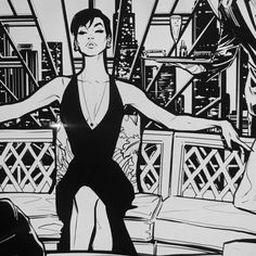 a black and white drawing of a woman in a dress standing on a couch with her arms outstretched