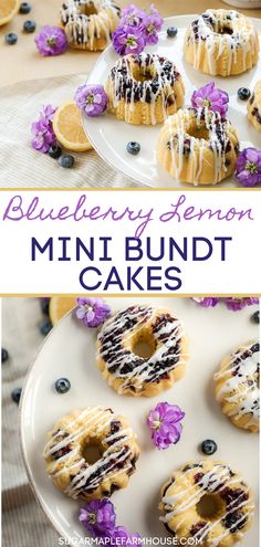 blueberry lemon mini bundt cakes on a white plate with purple and yellow flowers