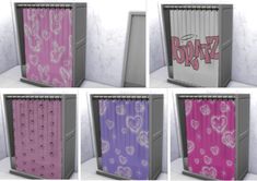 four pictures of different colored shower curtains in various styles and sizes, with the word pop - fizz written on them