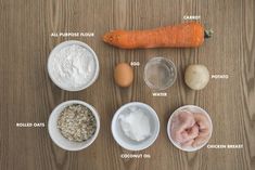 the ingredients to make this recipe include carrots, eggs, chicken, and flour