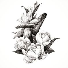 a black and white drawing of a bird sitting on top of some peonies