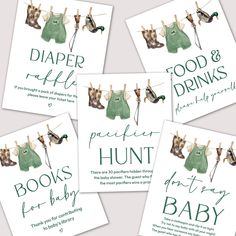 four baby shower cards with clothes hanging on the clothesline and text that reads, diaper rules