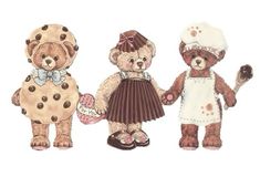 three teddy bears are dressed in different outfits and holding hands with each other while standing next to each other