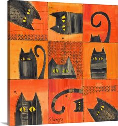 an orange and black painting with cats on it's sides is featured in this image