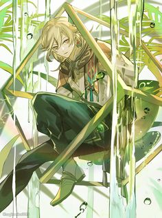 an anime character sitting on the ground surrounded by plants