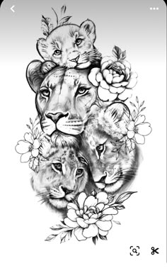 a black and white drawing of three lions with flowers on their head, surrounded by roses