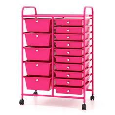 a pink cart with lots of drawers on it