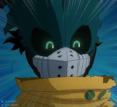 an anime character with green eyes and a mask on his face looking over a piece of wood