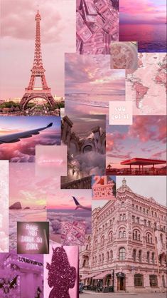 a collage of pink and purple images with the eiffel tower in the background